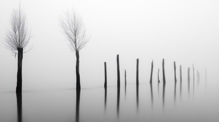 Obraz premium Two trees and wooden poles standing in a foggy body of water