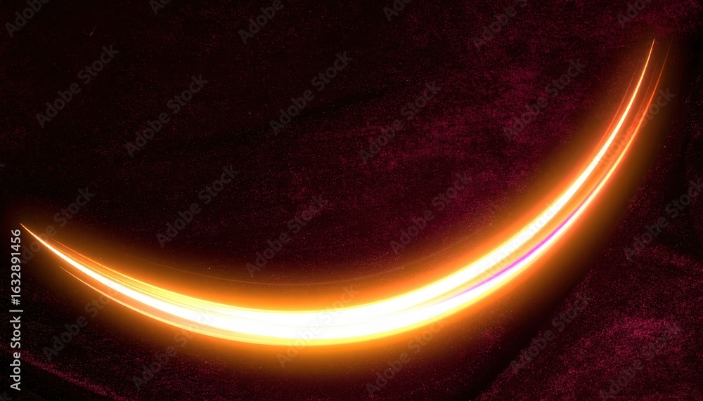 Poster bright glowing crescent shape with luminous streaks and vibrant warm colors on dark background creat