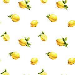 Juicy yellow lemons with leaves, seamless pattern. Watercolor digital illustration. Slices of ripe citrus fruit isolated on a white background lemon slices