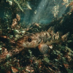 Naklejka premium Freshwater Fish Swimming Near the Riverbed