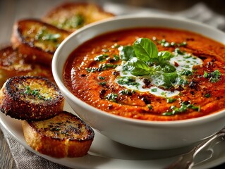 Bowl of Tomato Soup with Fresh Basil and Roasted Garlic Bread