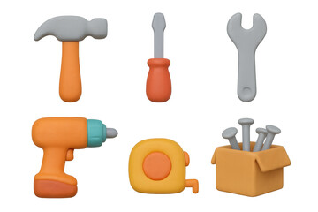 Colorful clay style tool set featuring hammer, screwdriver, wrench, drill, tape measure, nails