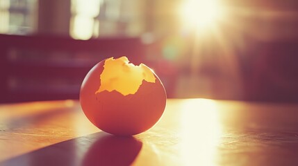 A broken eggshell illuminates brightly in golden sunlight