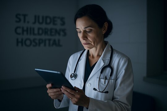 Doctor at St Judes Childrens Hospital, focused on patient care through tablet at night, showcasing compassion in healthcare healthcare and medical background