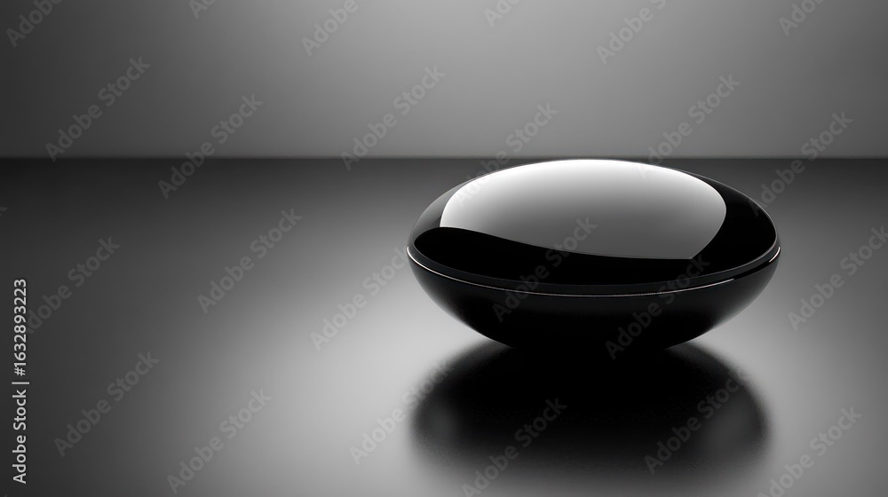 Poster a simple polished black oval object is resting on a surface