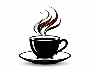 Obraz premium Stylized icon of a hot coffee cup with aromatic steam. A simple black vector illustration of a morning beverage for a cafe logo or break time concept.