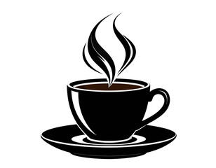 Obraz premium A simple black silhouette of a steaming hot coffee cup on a saucer. This vector graphic is an ideal icon for a cafe or coffee shop logo.