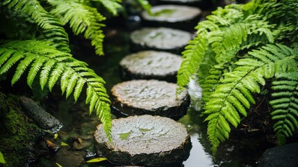 Tranquil path lined with wet stones amidst lush ferns.