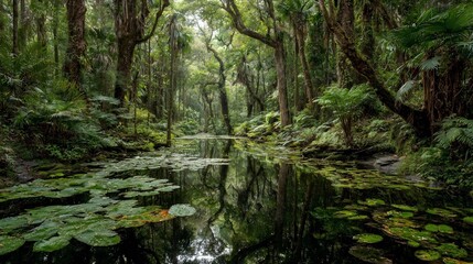 Fototapeta premium Lush, tranquil forest with a still pond reflecting the trees