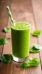 Green smoothie in a glass with a striped straw
