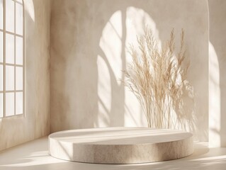 premium quality picture of Minimalist beige stone podium with natural light and dried plants ideal for product displays and promotional sales. high detail 8k