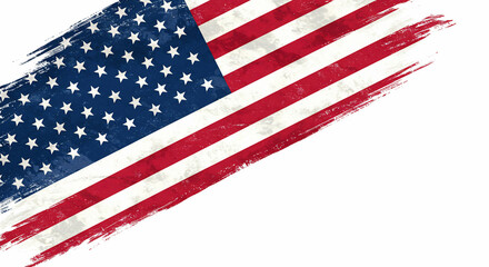 Fototapeta premium Distressed American flag with a grungy brush stroke texture diagonally placed on a clean white background. Ideal for patriotic themes, national holidays, vintage designs, and strong graphic
