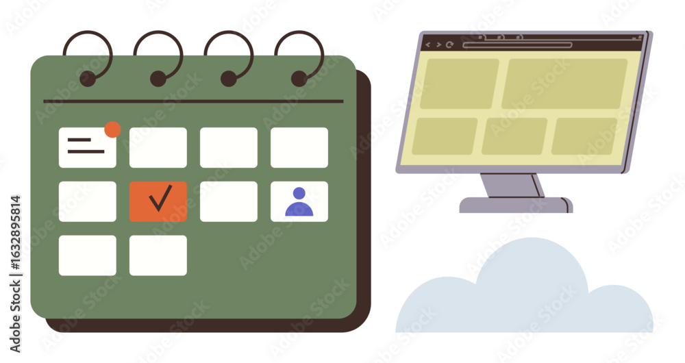 Poster green calendar with event tick marks, browser window, and cloud element combine to signify organizat