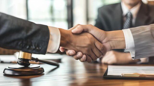 Two businesspeople dressed in suits shake hands over wooden table. There is gavel, legal documents in scene, which are suggestive deal or partnership in progress.