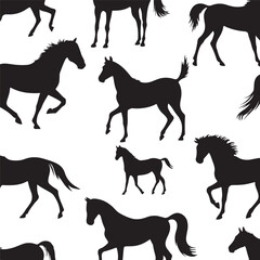 Black horse silhouettes in various poses on a white background animal