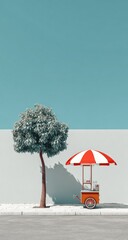 Street food cart, tree, minimalist background, summer