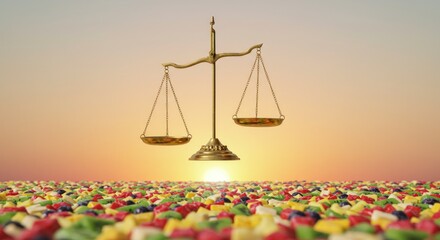Golden scales balance over colorful candies