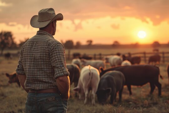 Premium Quality Picture of Farmer Cattleman Taking Care of Pigs
