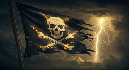 Dramatic Jolly Roger flag, tattered and flying fiercely amidst a powerful thunderstorm with vivid lightning. Symbolizes danger, adventure, rebellion, and overcoming challenges, perfect for conceptual