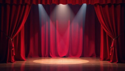 Deep red curtains part, intense spotlights illuminate vacant stage , velvet curtain, empty theater, dramatic
