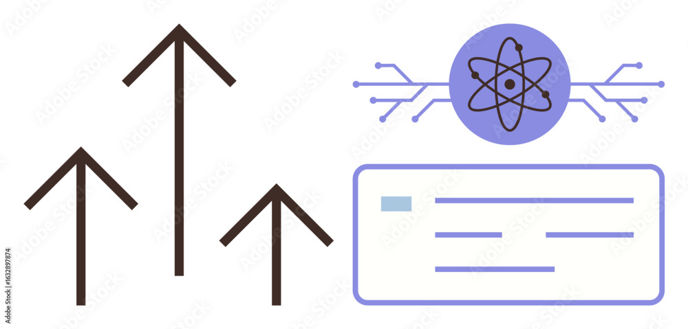 Poster upward arrows near atomic graphic and circuit lines with interface element show growth, innovation, 