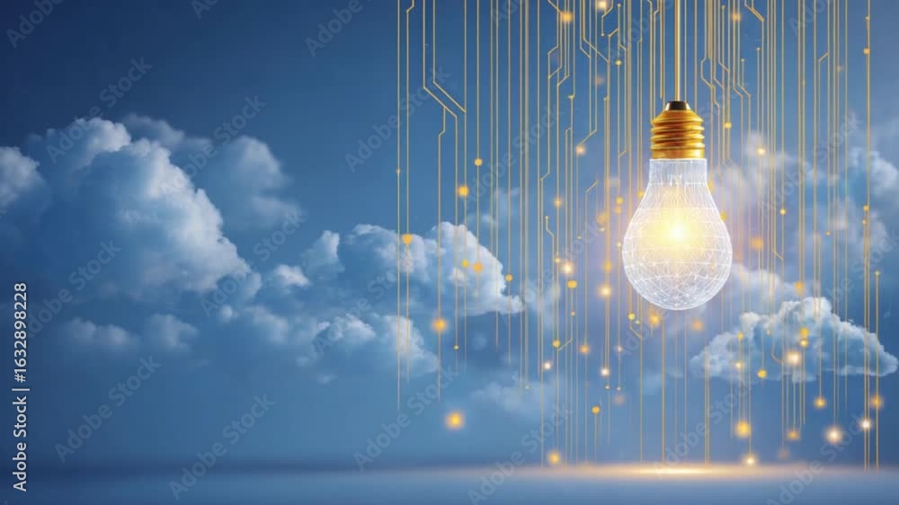 Aufkleber an illuminated lightbulb suspended amidst clouds, with golden lines and orbs creating an abstract de