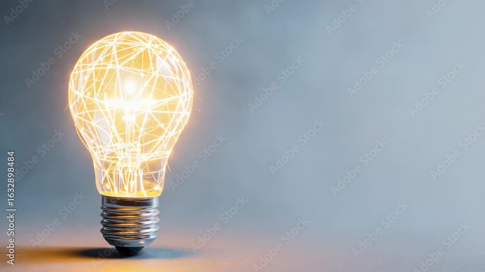 Poster a lit lightbulb with interconnected filaments, against a gradient background, casting a soft glow