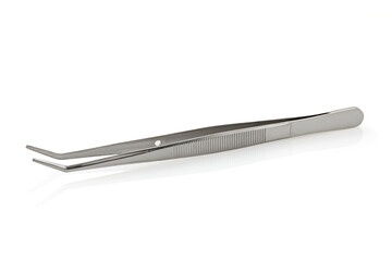 Medical surgical tweezers isolated on white background. Universal tweezers with curved tip