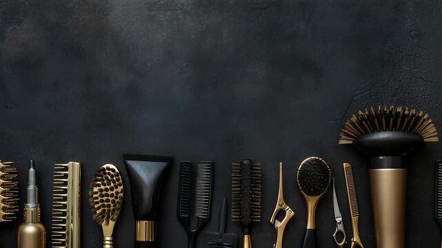 This high-angle composition showcases elegant array gleaming gold, black hair styling tools set against dark, textured backdrop, highlighting modern, sophisticated aesthetic.