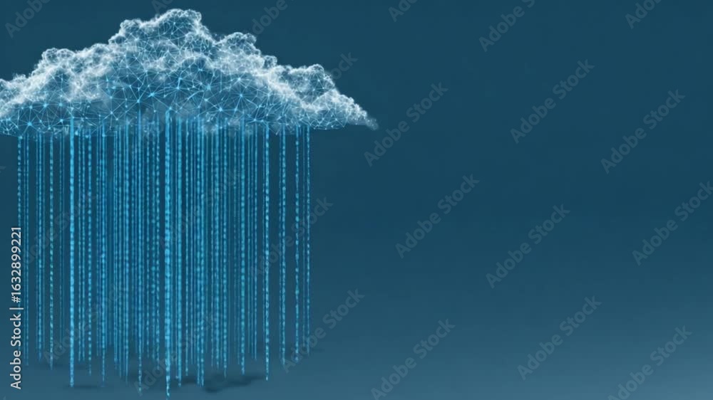 Poster digital cloud raining data, represented by glowing lines and a network in a teal blue background