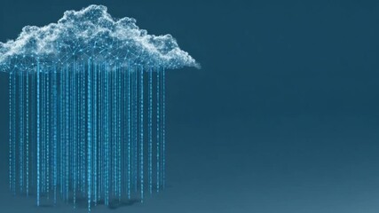 Digital cloud raining data, represented by glowing lines and a network in a teal blue background - Powered by Adobe