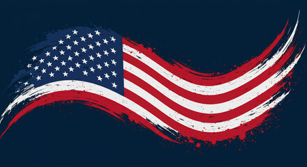 Dynamic American flag illustration with a textured, grunge brush stroke design waving on a dark blue background. Perfect for patriotic themes, national holidays like 4th of July, Memorial Day