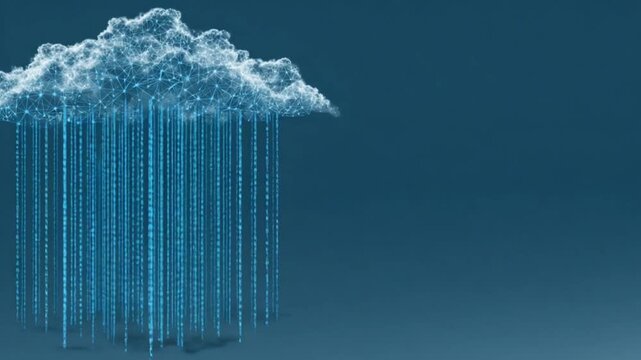 Digital cloud raining data, represented by glowing lines and a network in a teal blue background - Powered by Adobe