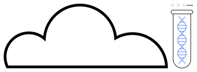 Black cloud outline paired with test tube containing a blue DNA helix. Ideal for science, cloud storage, innovation, biotechnology, research, data analysis, and connectivity. Simple flat metaphor