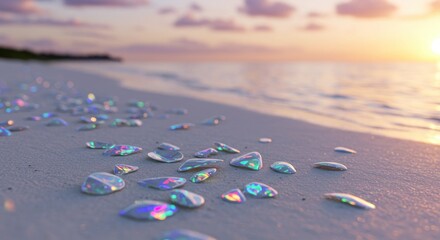 Beach scene with iridescent stones
