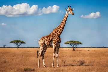 Obraz premium Giraffe in African Plain Under A Bright Blue Sky