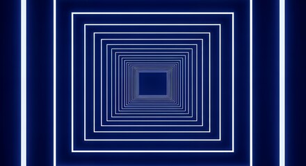 Futuristic Neon Tunnel with Square Pattern in Blue Light Space