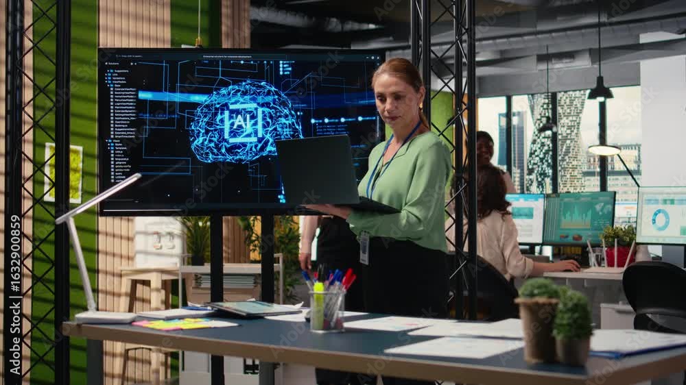 Poster female entrepreneur works with neural networks for analytics, looking at ai automation algorithms on