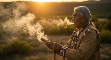 Elderly Indigenous man performing a sacred smudging ceremony outdoors at golden sunset, a traditional spiritual ritual for purification and healing, representing culture, wisdom, and peace