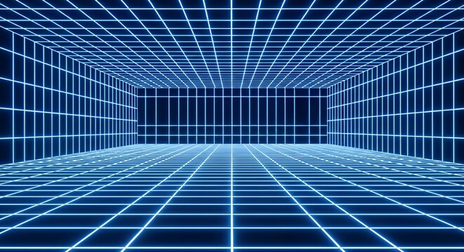 Futuristic Digital Grid Tunnel with Blue Neon Lines in Virtual Reality Environment - Powered by Adobe