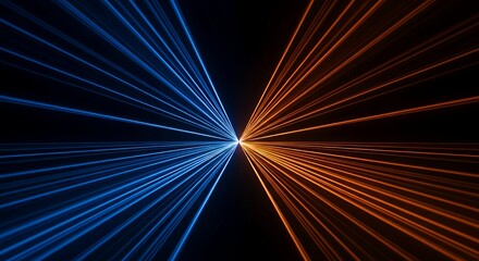 Futuristic Light Beams Blue and Orange in Motion Converging in Center
