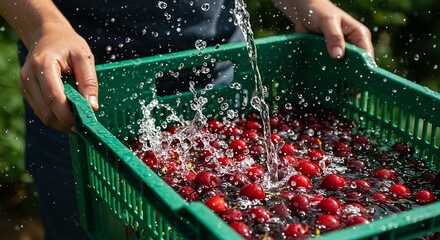 Refreshing Water Splash on Freshly Harvested Red Cherries in Green Crate variation 2