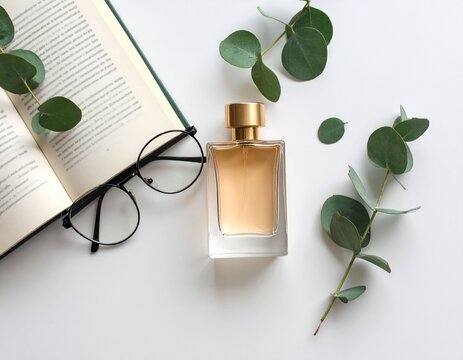 Botella de perfume para mockup con fondo fino intelectual libro y anteojos