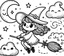 Children's coloring page Little witch flying on a broom with a pointed hat
