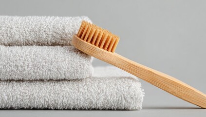 Stacked white towels and a natural bamboo toothbrush