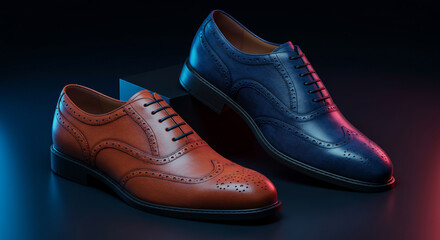 Elegant brown and navy leather brogue shoes, a classic yet modern choice for men, displayed on a dark background with contemporary ambient lighting. Ideal for fashion, business, and luxury footwear