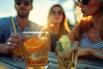 High Resolution Visual of Closeup People with Drink Outdoors