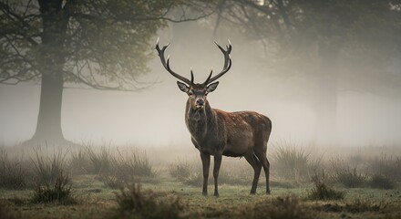 Fototapeta premium Majestic Deer Standing in a Misty Autumn Forest Landscape variation 2