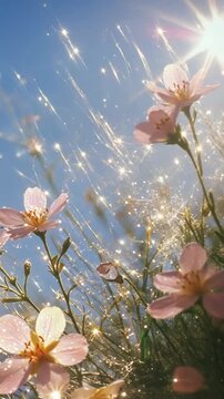 Close-up, low-angle shot of pink flowers with sparkling sunlight, creating a dreamy, ethereal video-like effect against a clear blue sky. Live mobile wallpaper.