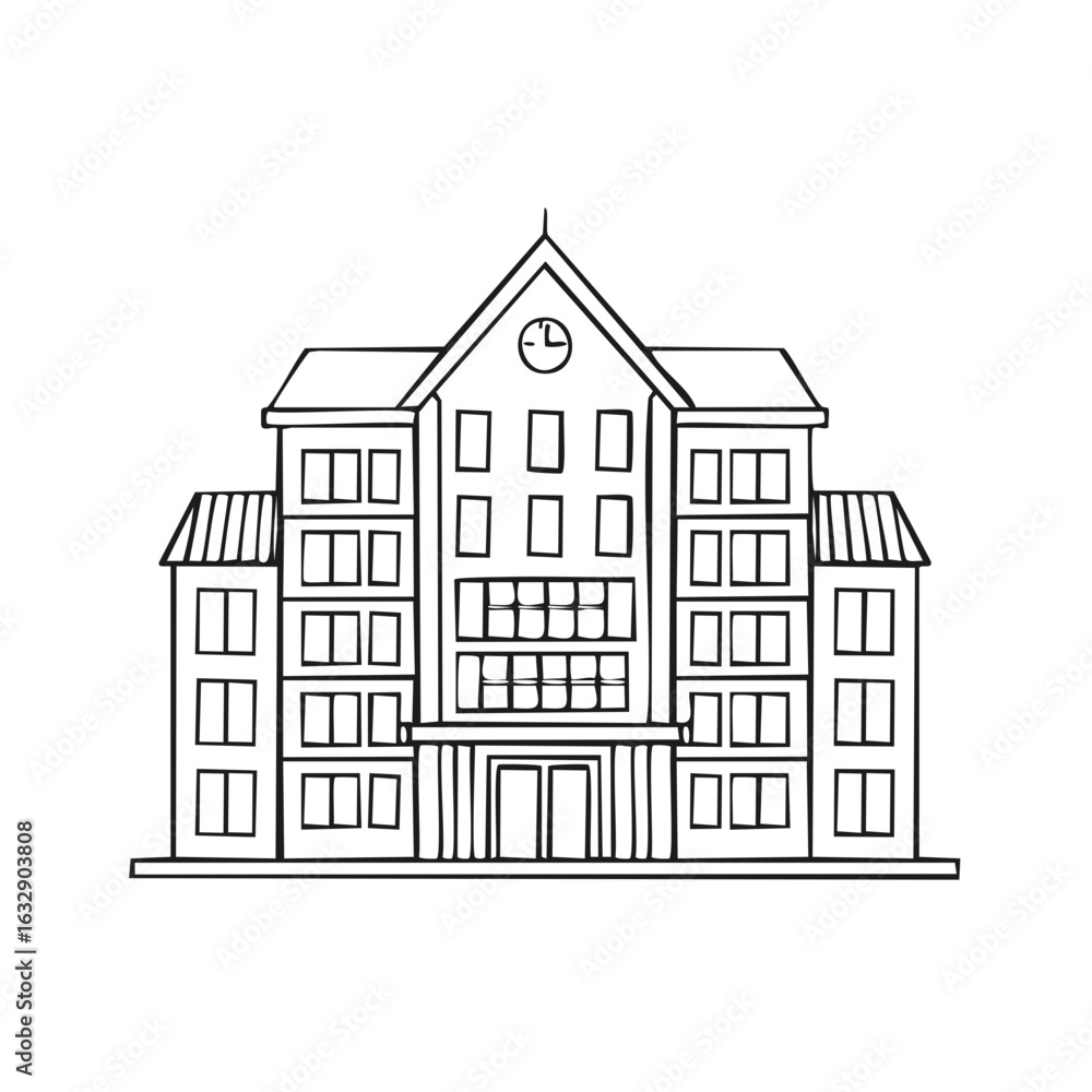 Poster hand drawn outline of a multi-story institutional building with windows and a clock tower